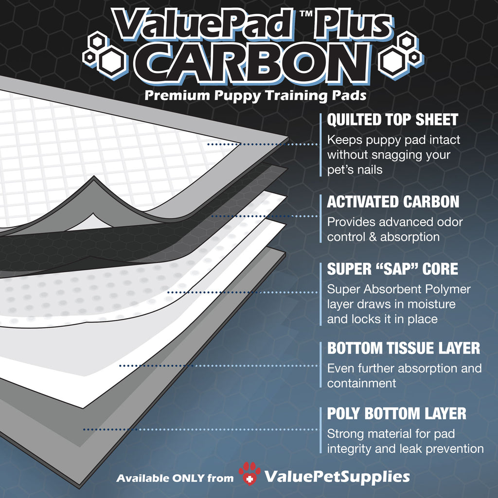 ValuePad Plus Carbon Puppy Pads, Medium 23x24 Inch, 200 Count - Premium Pee Pads for Dogs, Activated Charcoal Odor Control, Super Absorbent Polymer Gel Core, 5-Layer Design 