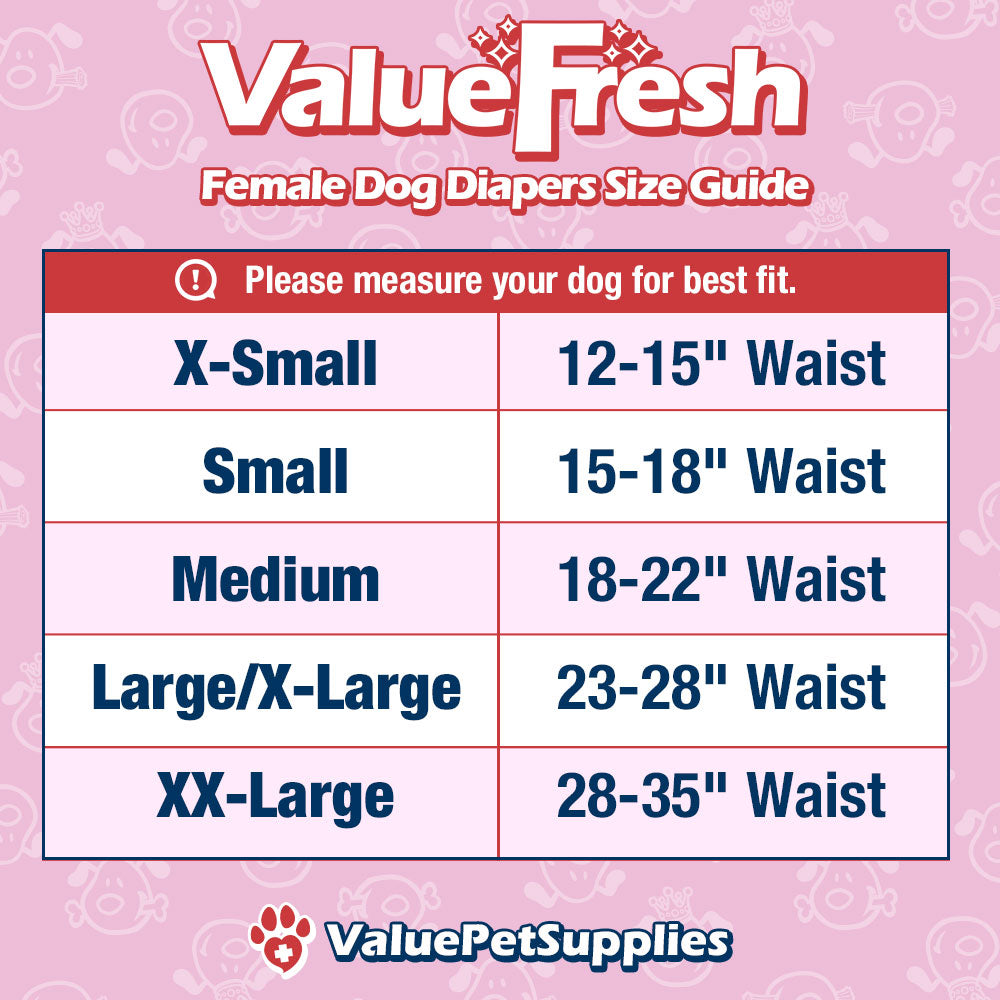 ValueFresh Female Dog Disposable Diapers, Medium, 144 Count - Full Coverage w/Tail Hole, Snag-Free Fasteners, Leak Protection, Wetness Indicator 